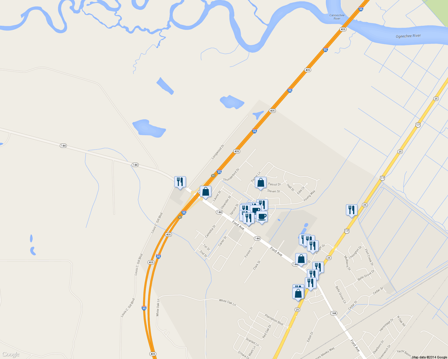map of restaurants, bars, coffee shops, grocery stores, and more near 101 Thunderbird Drive in Richmond Hill