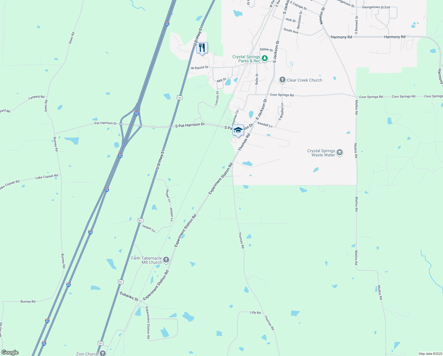 map of restaurants, bars, coffee shops, grocery stores, and more near 3108 Experiment Station Road in Crystal Springs