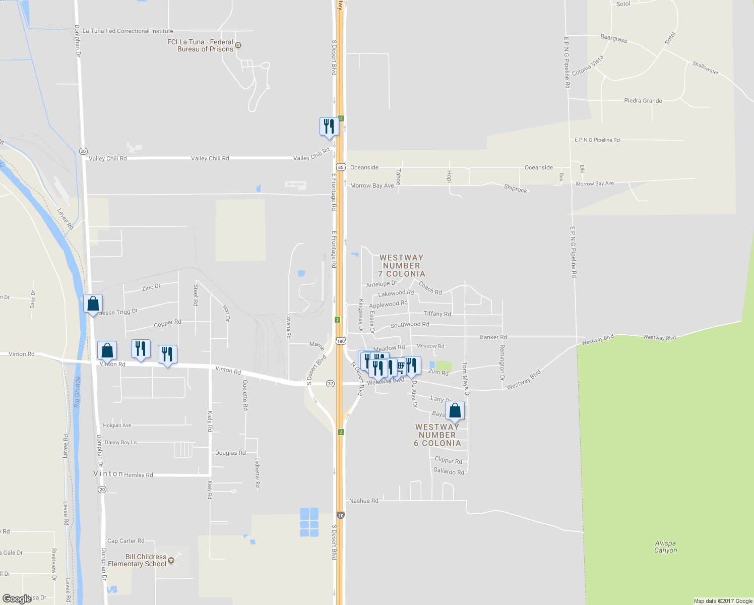 map of restaurants, bars, coffee shops, grocery stores, and more near 705 Applewood Road in Canutillo