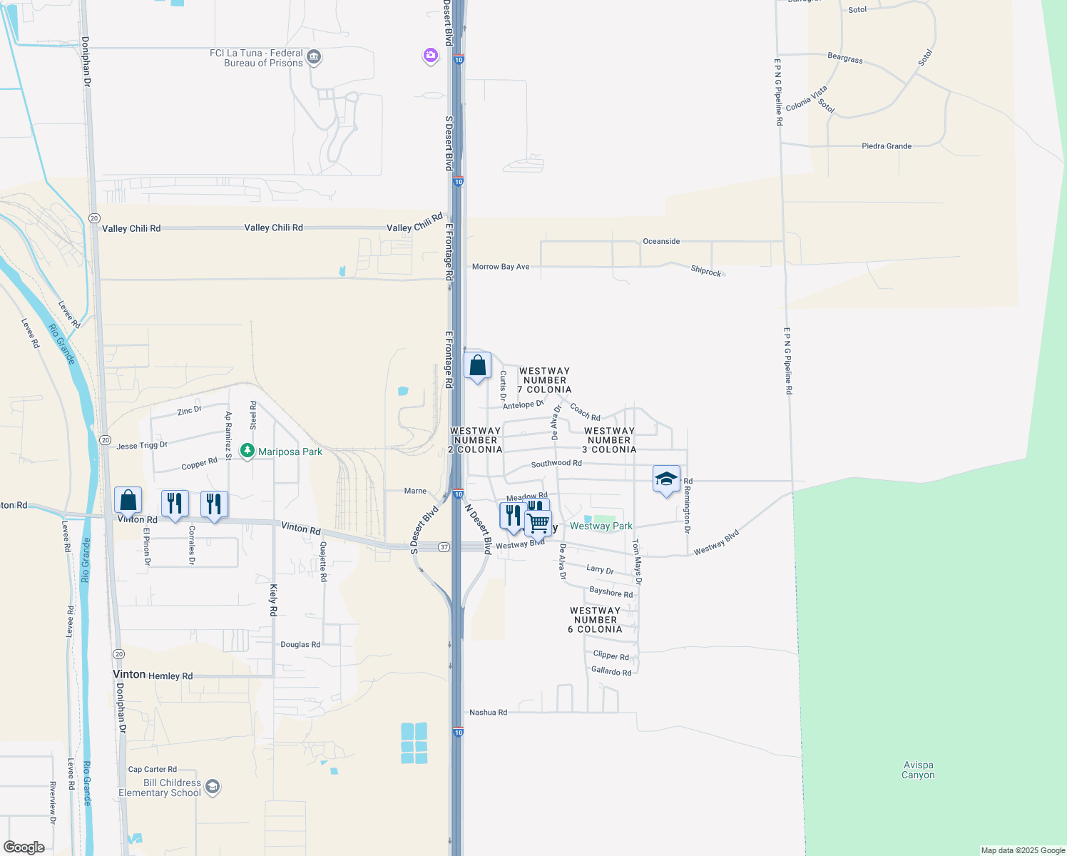map of restaurants, bars, coffee shops, grocery stores, and more near 813 Applewood Road in Canutillo