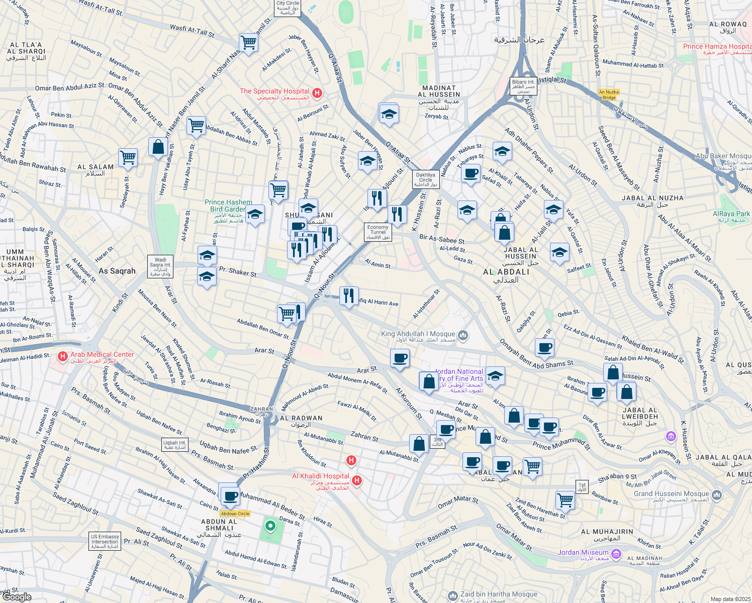 map of restaurants, bars, coffee shops, grocery stores, and more near Rafiq Al Hariri Avenue in Amman