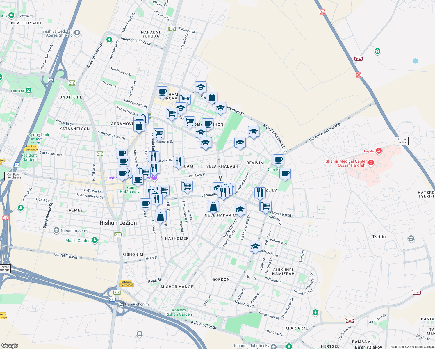 map of restaurants, bars, coffee shops, grocery stores, and more near 64 Rambam Street in Rishon LeZion