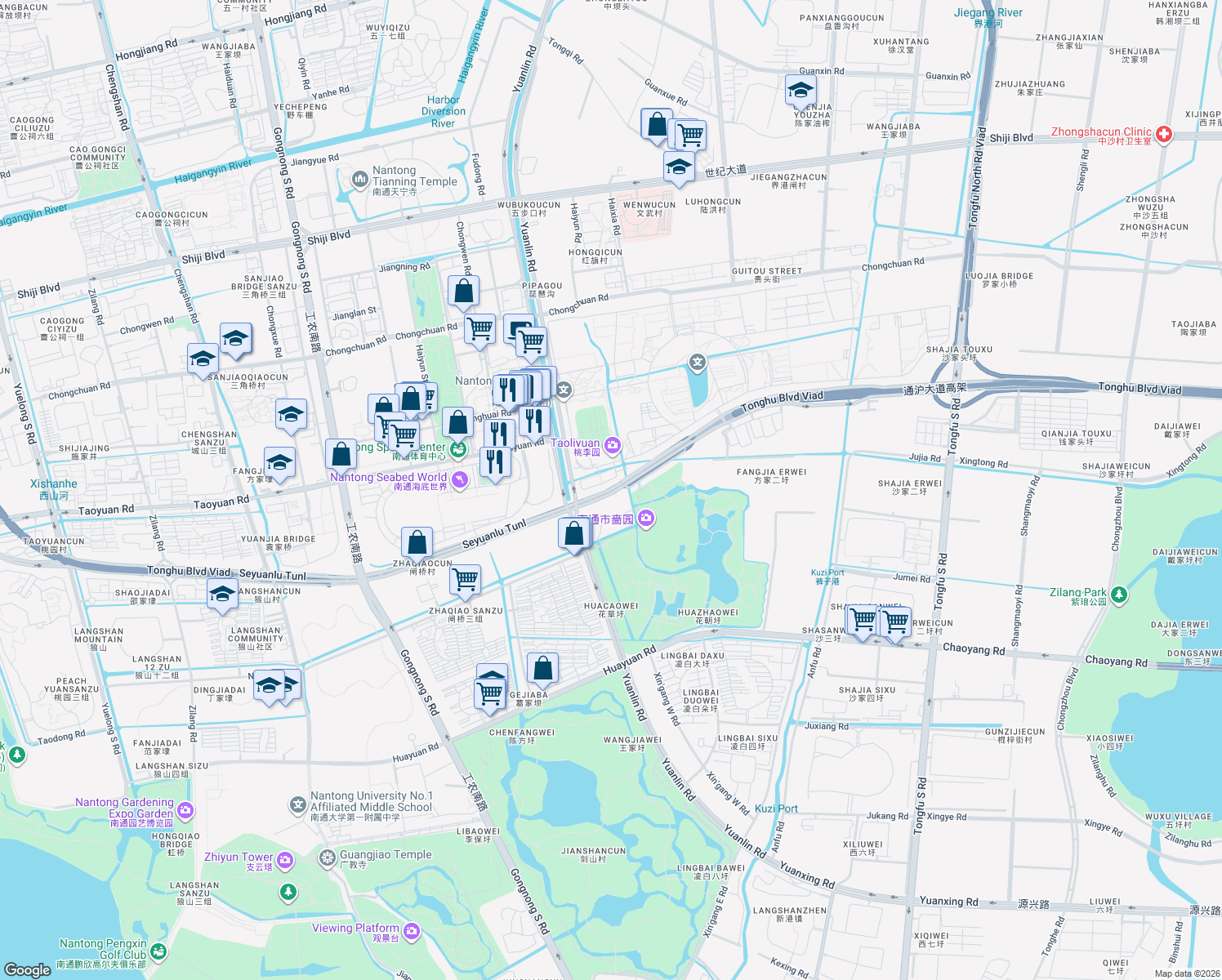 map of restaurants, bars, coffee shops, grocery stores, and more near in Nantong