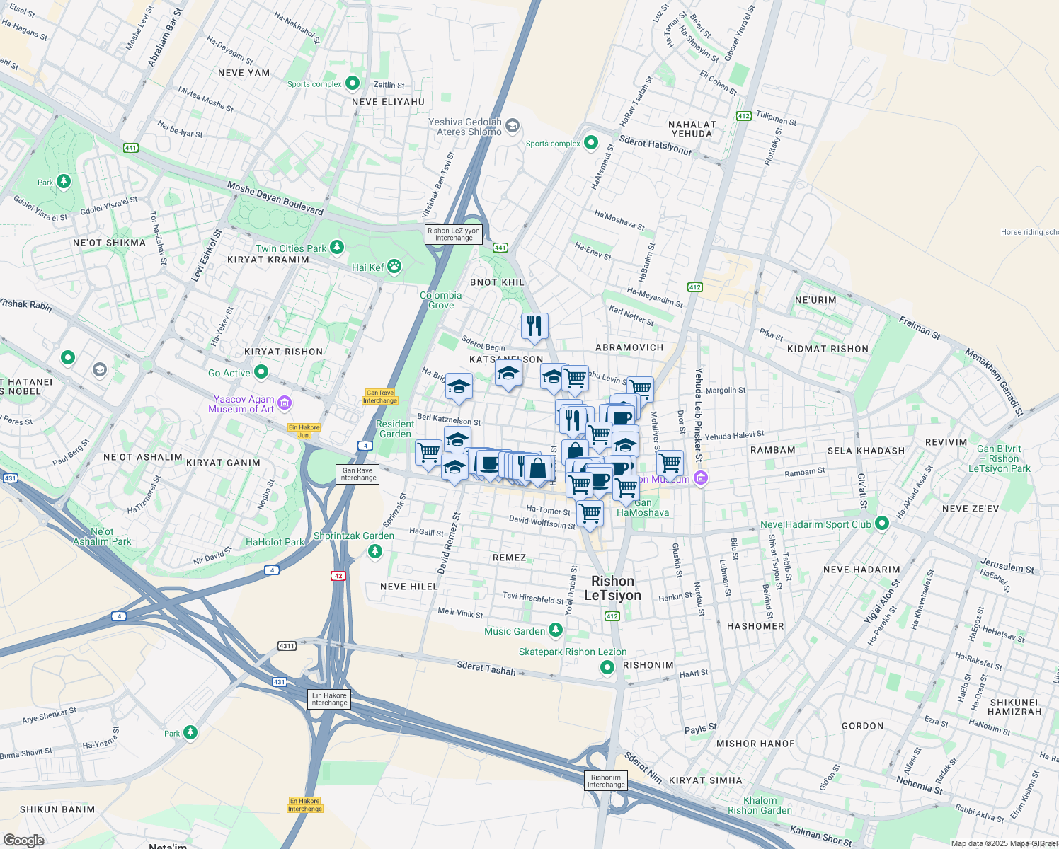 map of restaurants, bars, coffee shops, grocery stores, and more near 13 Tchernikhovski Street in Rishon LeZion