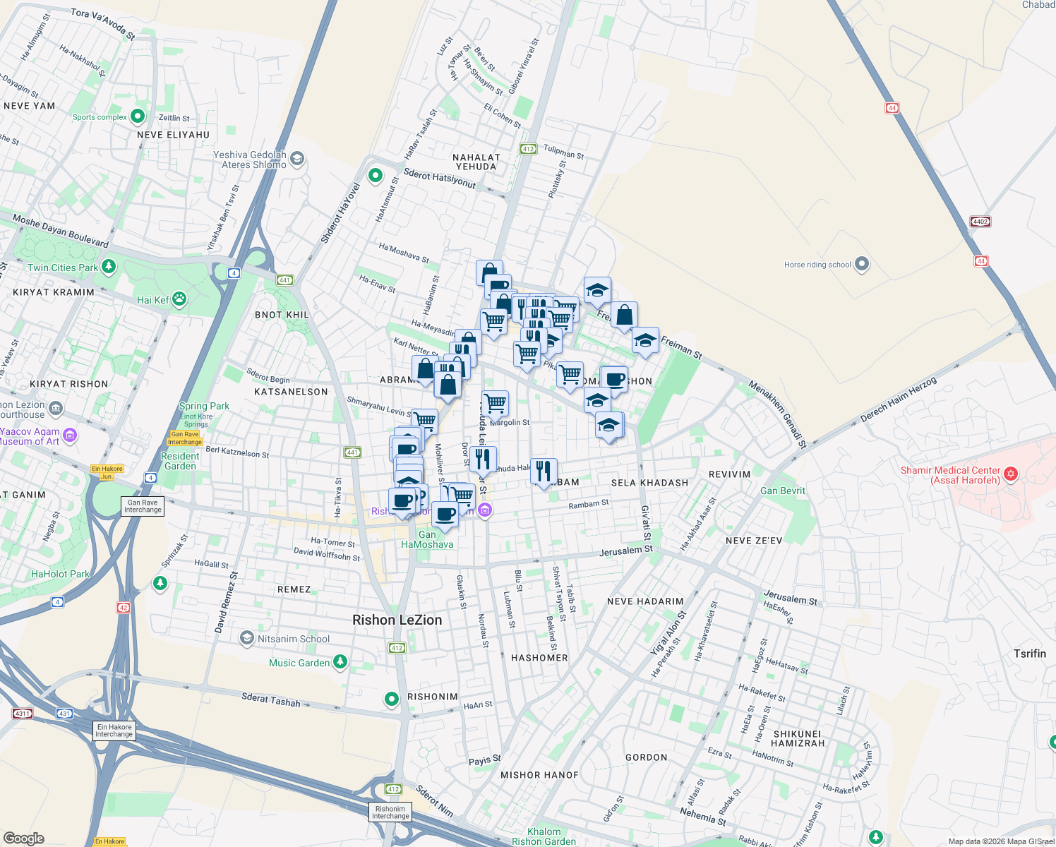 map of restaurants, bars, coffee shops, grocery stores, and more near in Rishon Leziyyon