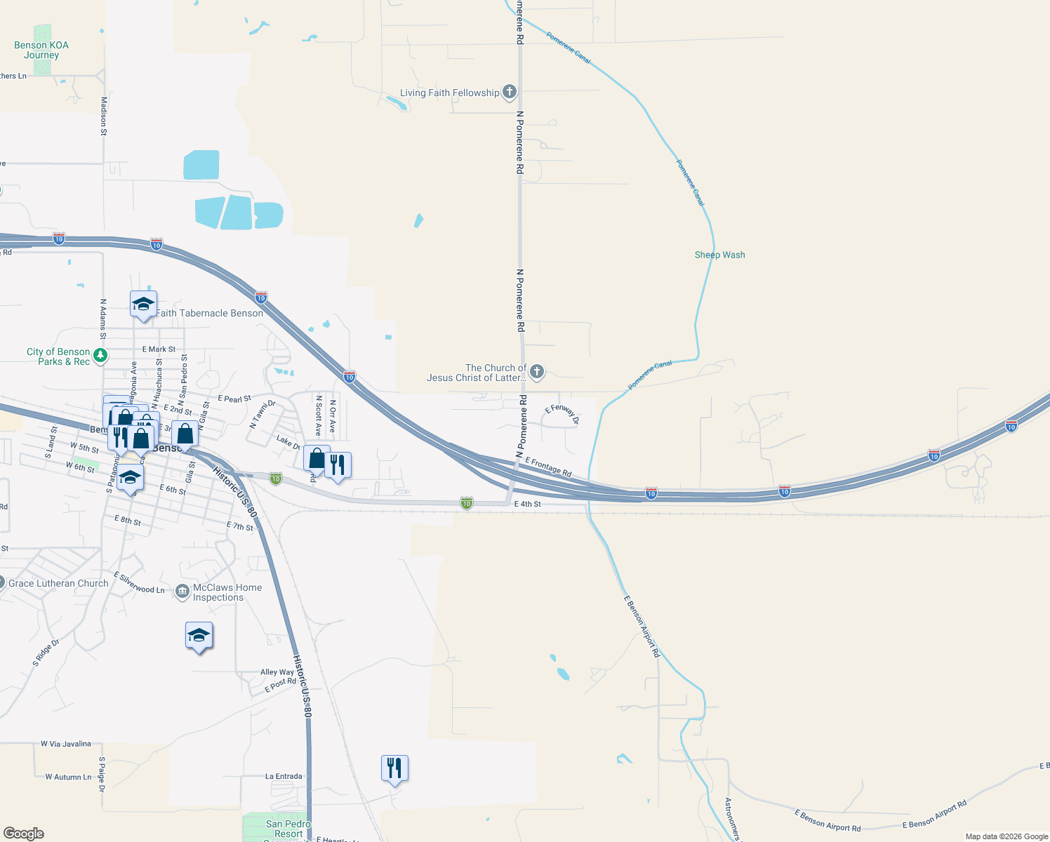 map of restaurants, bars, coffee shops, grocery stores, and more near 217 N Pomerene Rd in Benson