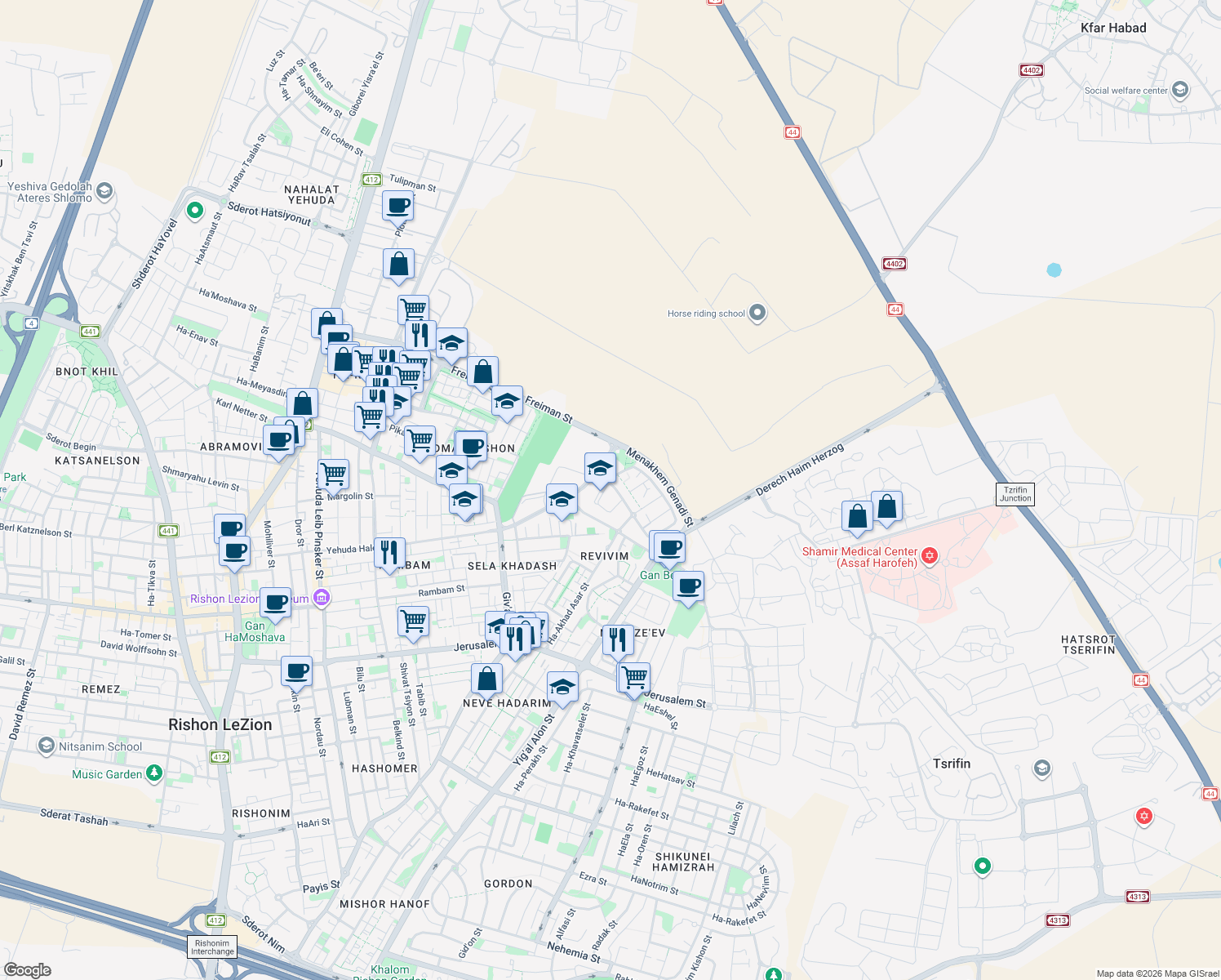 map of restaurants, bars, coffee shops, grocery stores, and more near 4 Ha-Hityashvut Street in Rishon LeZion