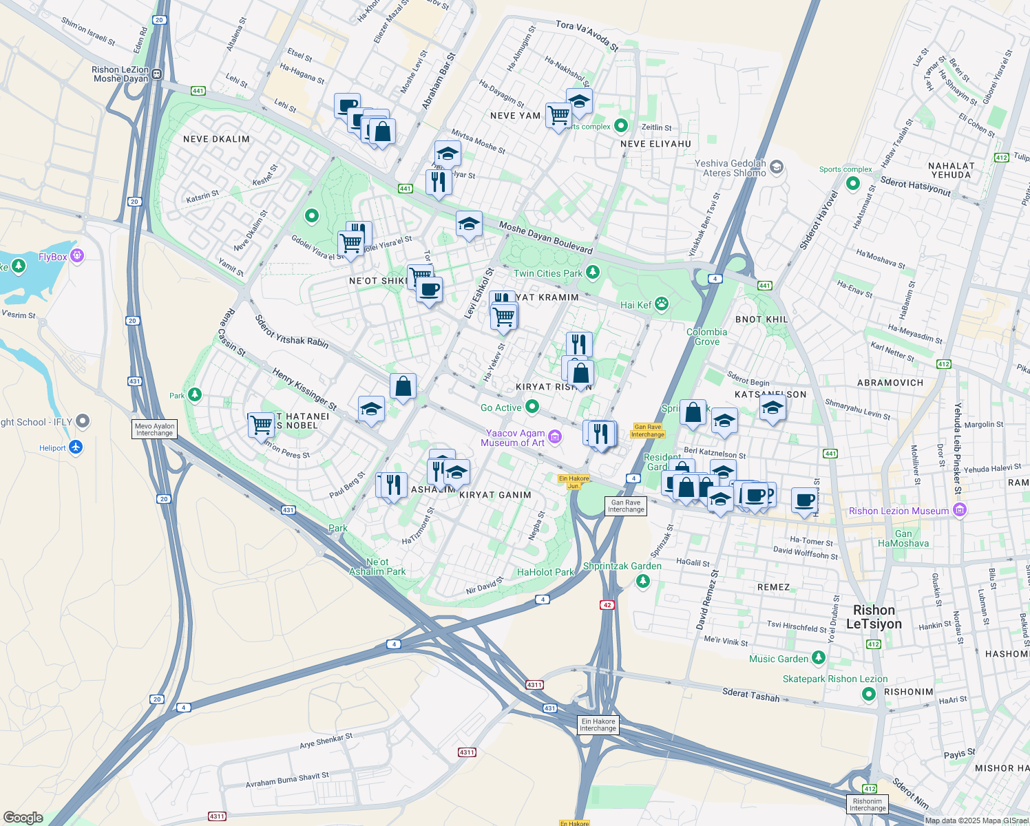 map of restaurants, bars, coffee shops, grocery stores, and more near 11 Aluf David Street in Ramat Gan