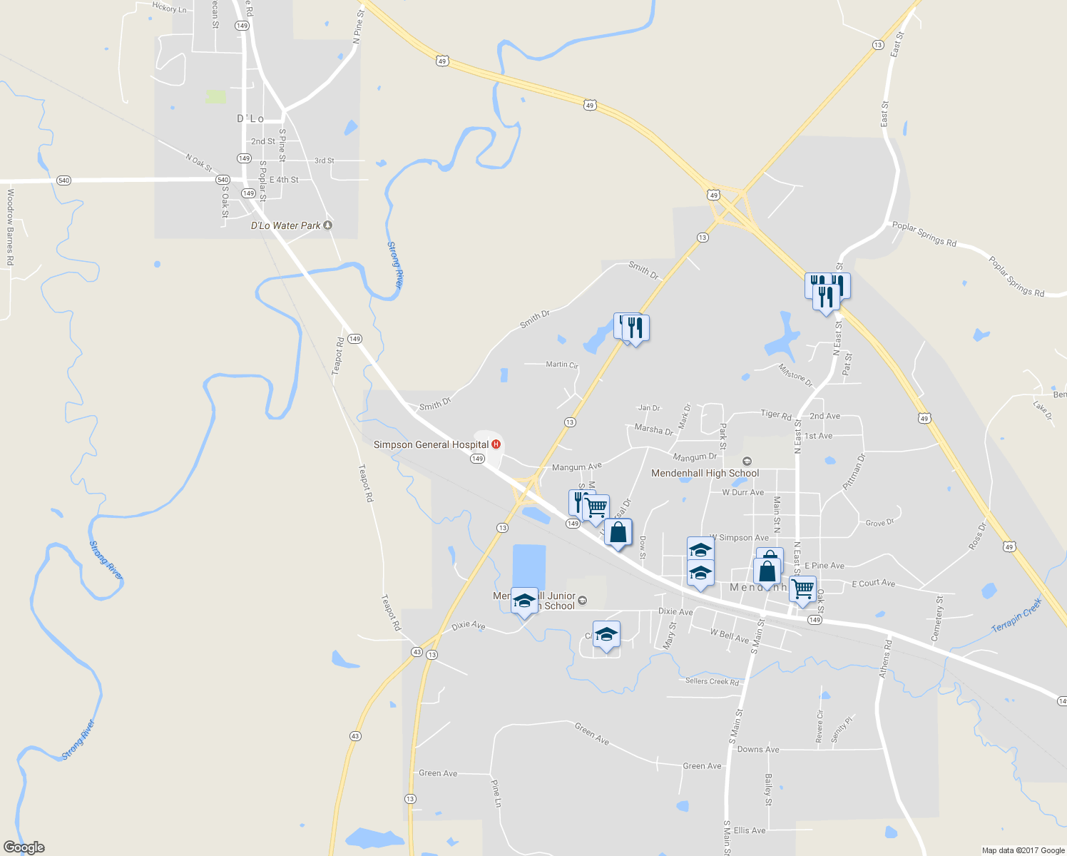 map of restaurants, bars, coffee shops, grocery stores, and more near 127 Hunters Circle in Mendenhall