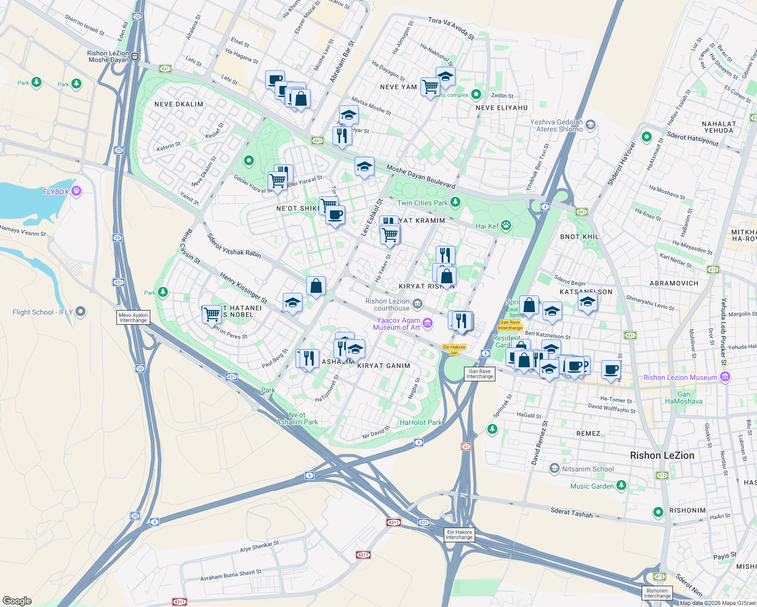 map of restaurants, bars, coffee shops, grocery stores, and more near Sderot Yitshak Rabin in Rishon LeTsiyon