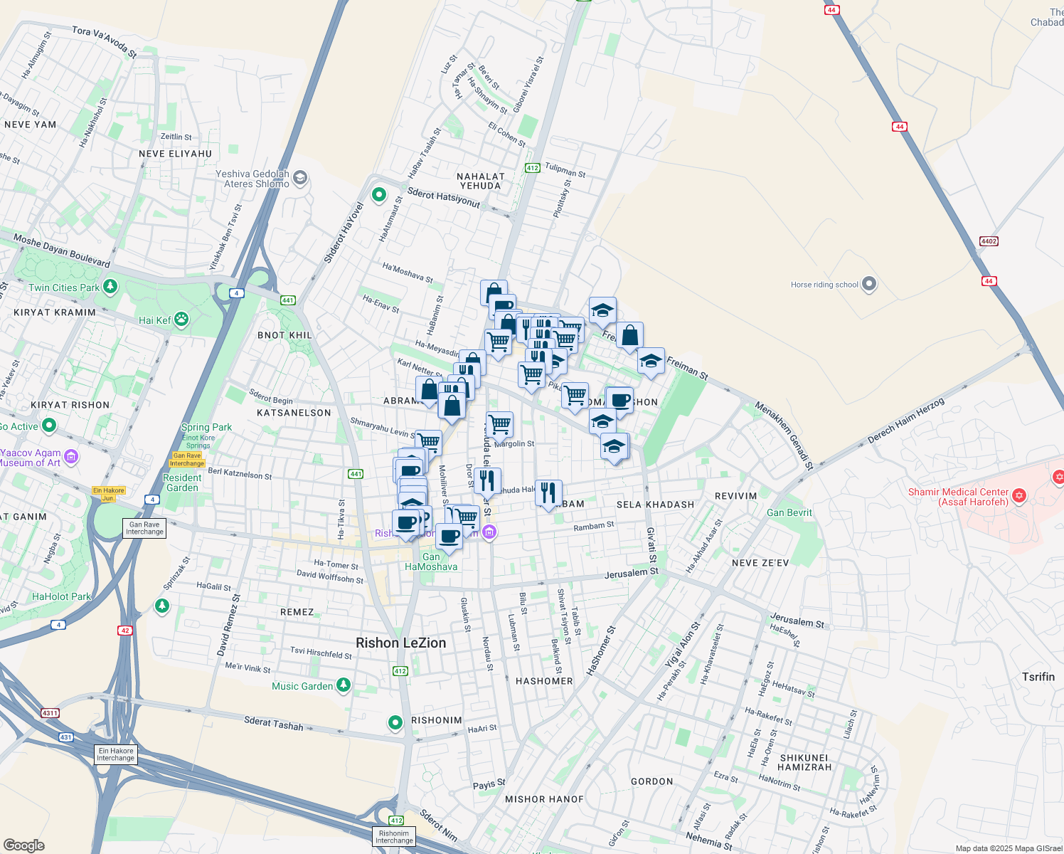 map of restaurants, bars, coffee shops, grocery stores, and more near 77 HaGdud Haivri Street in Rishon LeTsiyon