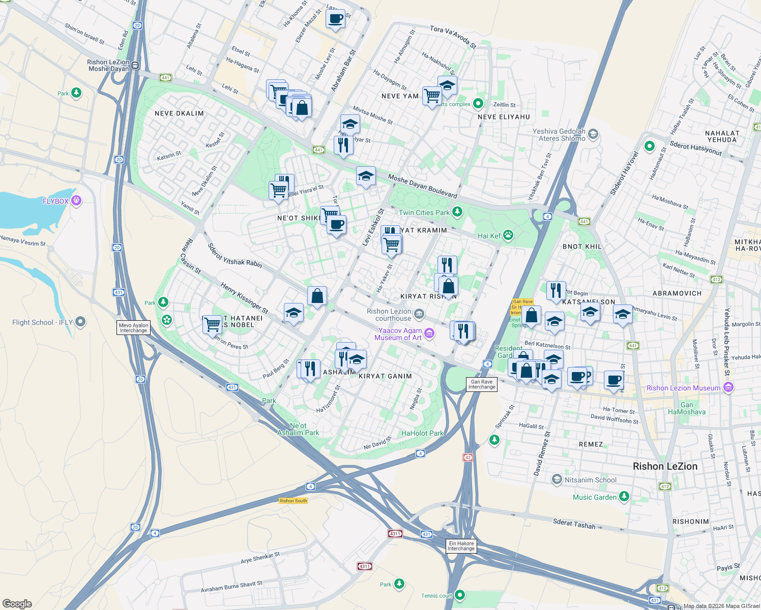 map of restaurants, bars, coffee shops, grocery stores, and more near in Rishon LeZion