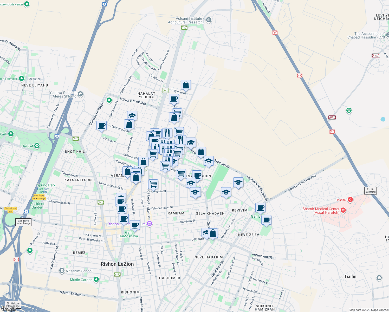 map of restaurants, bars, coffee shops, grocery stores, and more near 7 Ha-Tsofim Street in Rishon LeZion