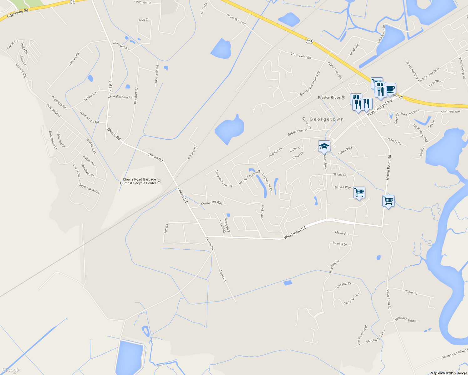 map of restaurants, bars, coffee shops, grocery stores, and more near 105 Dovetail Crossing in Savannah