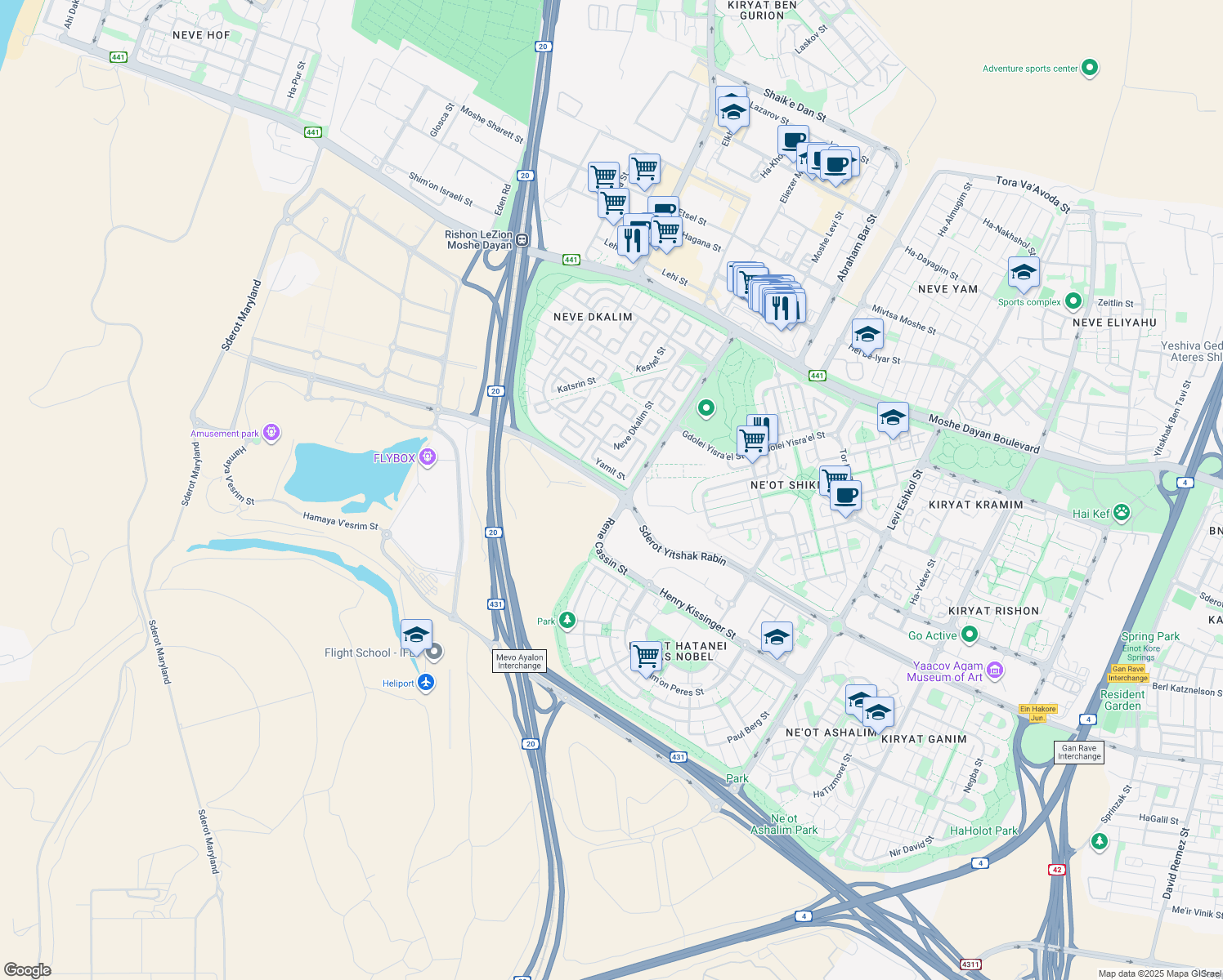 map of restaurants, bars, coffee shops, grocery stores, and more near Sderot Yitshak Rabin in Rishon LeTsiyon