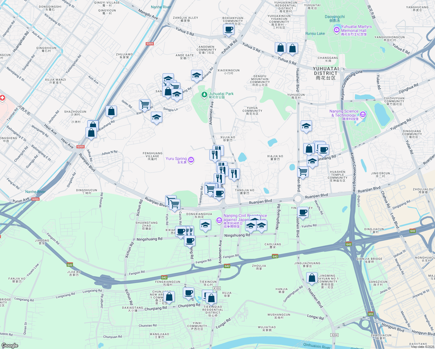 map of restaurants, bars, coffee shops, grocery stores, and more near An De Men Bei Jie in Nan Jing Shi