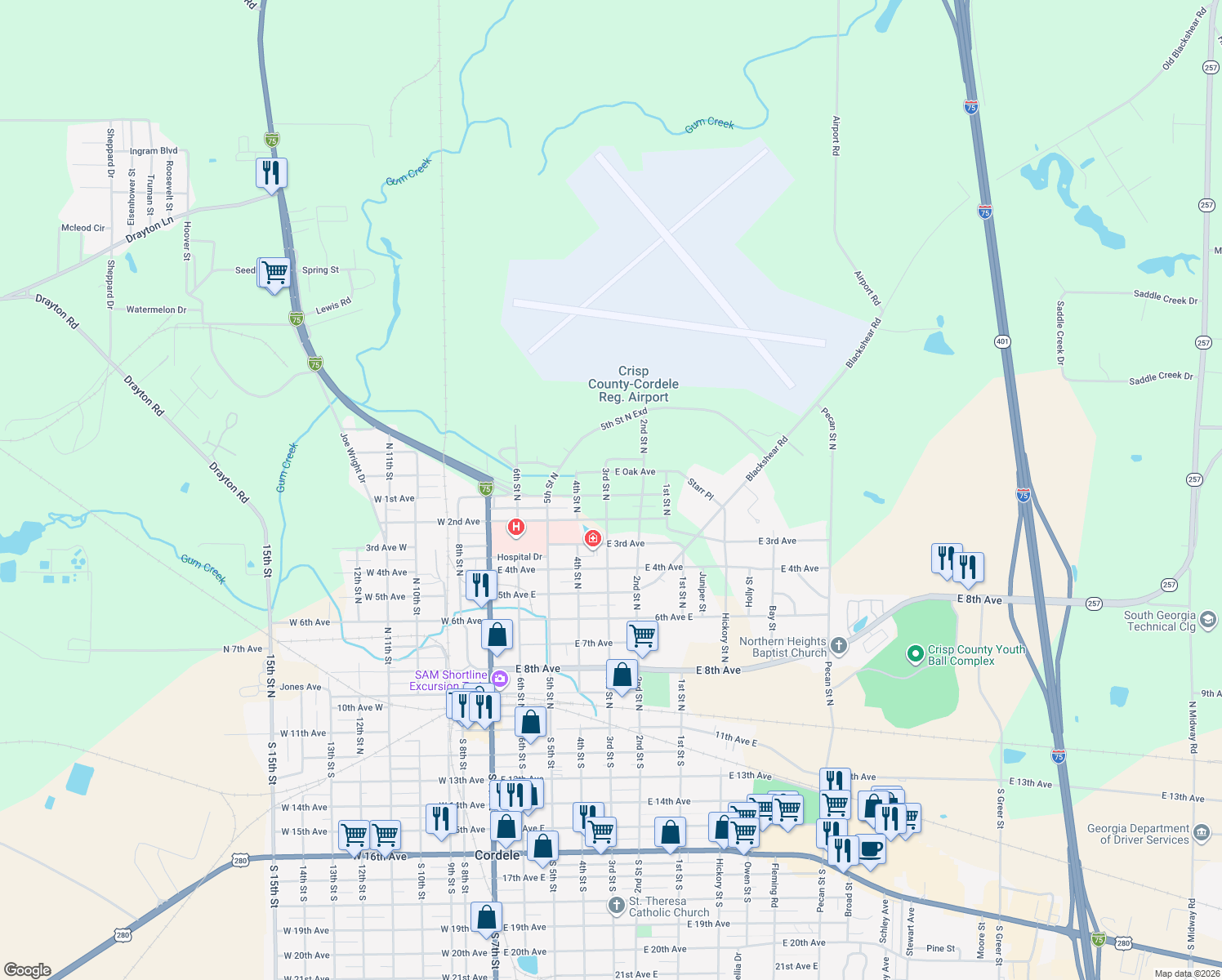 map of restaurants, bars, coffee shops, grocery stores, and more near 1102 3rd Street North in Cordele