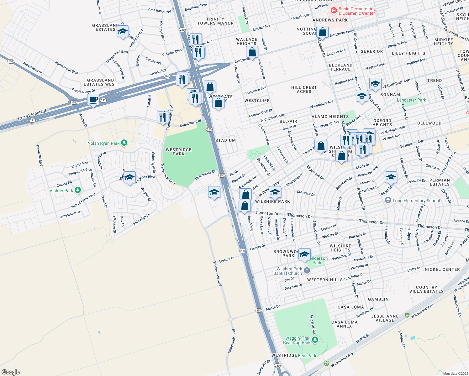 map of restaurants, bars, coffee shops, grocery stores, and more near 5210 Storey Ave in Midland