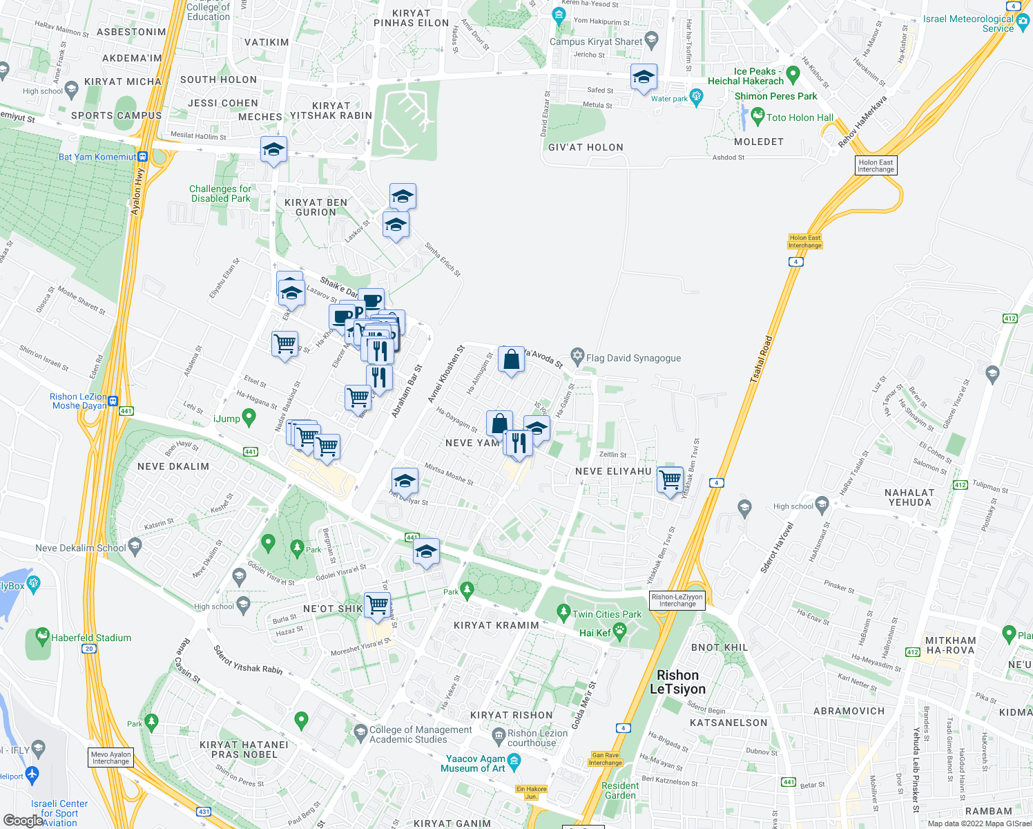 map of restaurants, bars, coffee shops, grocery stores, and more near 20 Ha-Dolfin Street in Rishon LeTsiyon