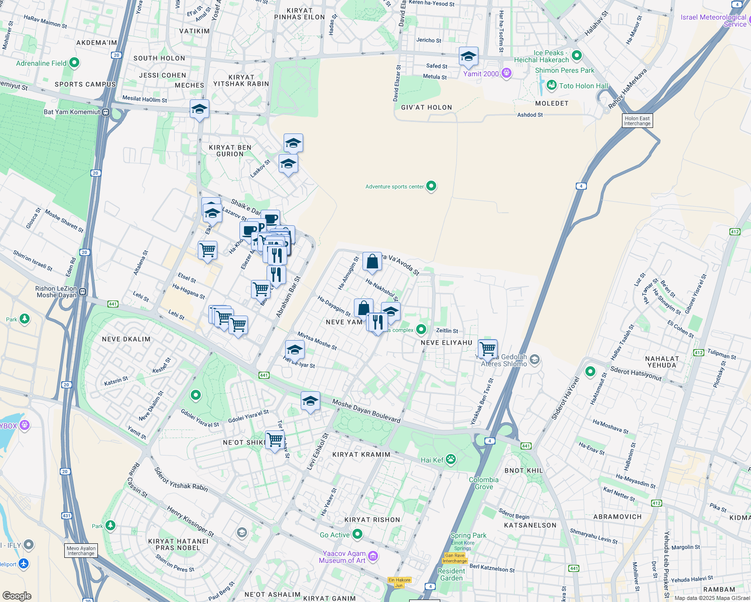map of restaurants, bars, coffee shops, grocery stores, and more near 20 Ha-Dolfin Street in Rishon LeTsiyon