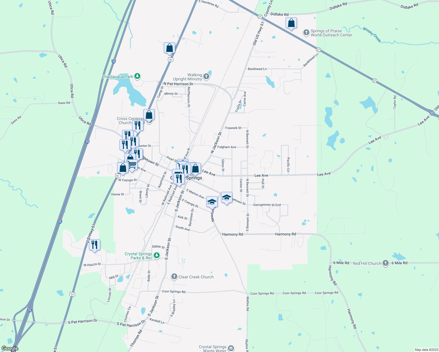 map of restaurants, bars, coffee shops, grocery stores, and more near 516 Lee Avenue in Crystal Springs