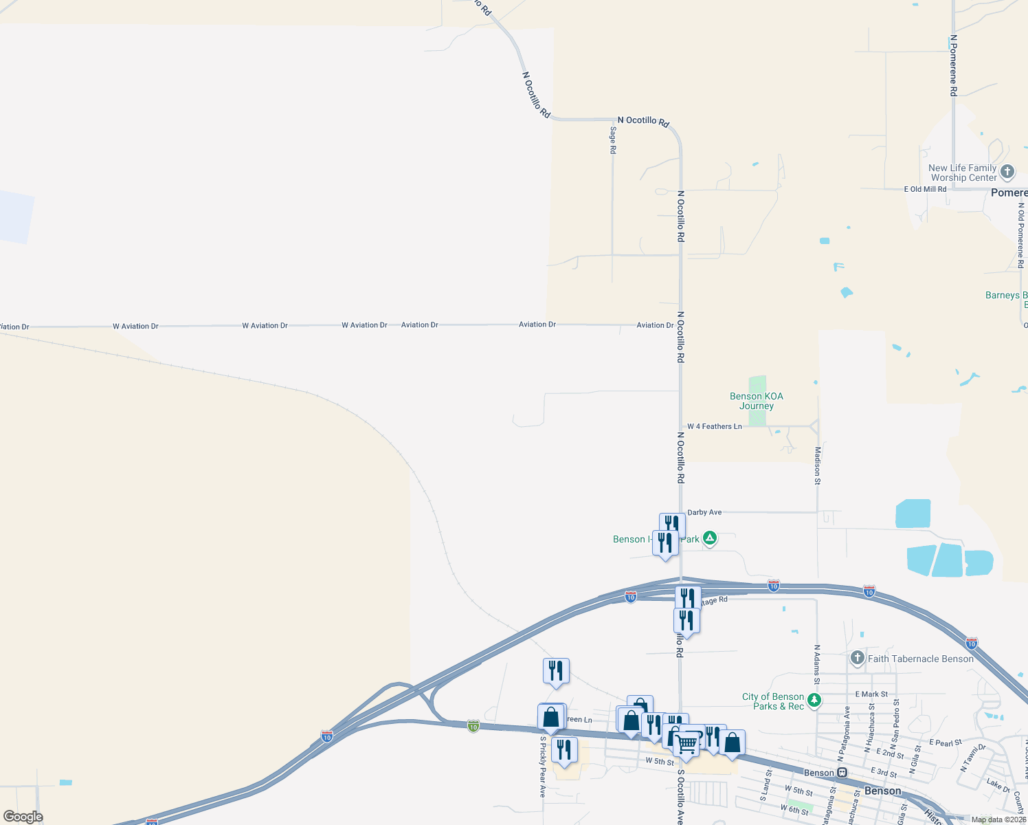 map of restaurants, bars, coffee shops, grocery stores, and more near Aviation Drive in Benson