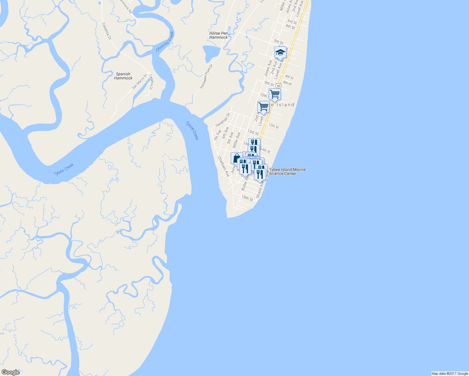 map of restaurants, bars, coffee shops, grocery stores, and more near 1710 Chatham Avenue in Tybee Island
