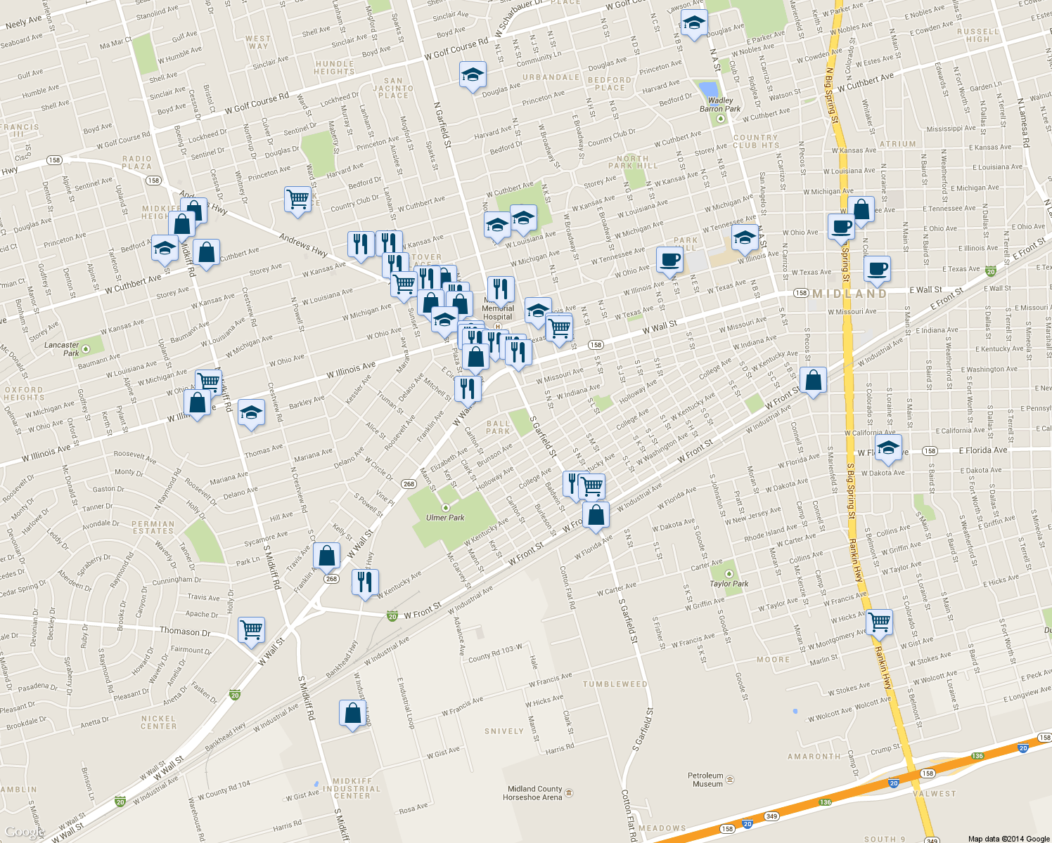 map of restaurants, bars, coffee shops, grocery stores, and more near 398 South Garfield Street in Midland