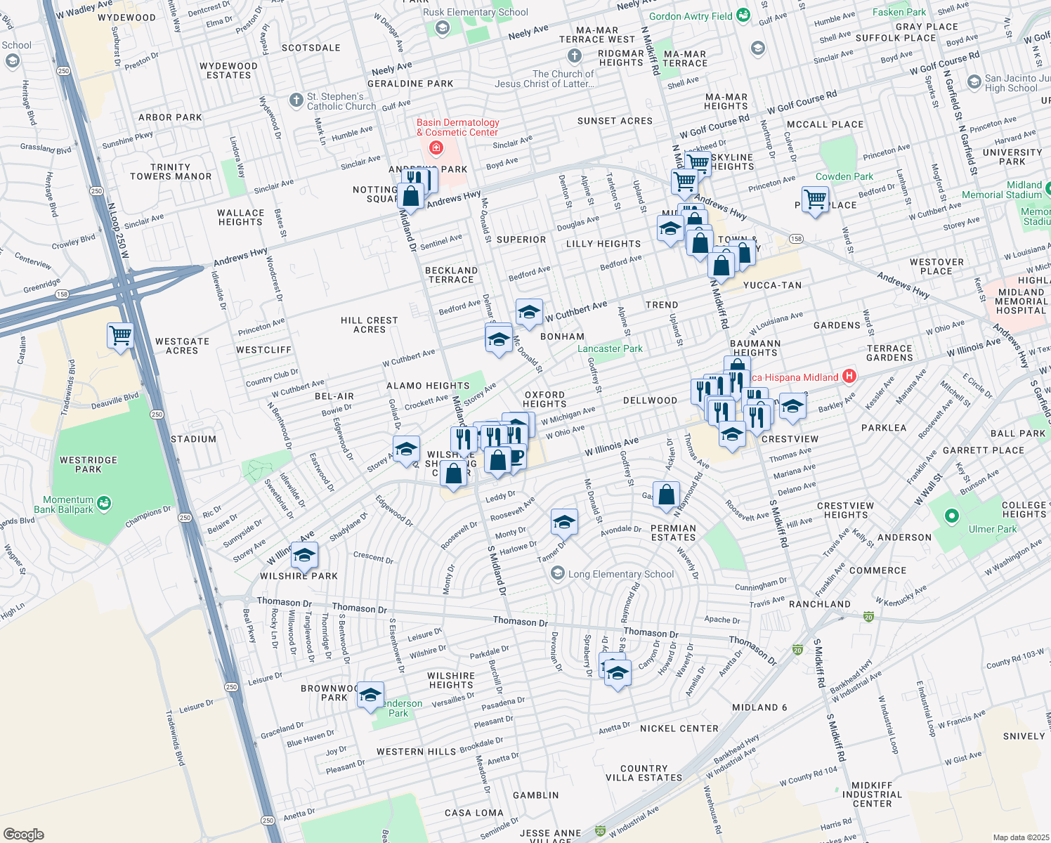 map of restaurants, bars, coffee shops, grocery stores, and more near 509 Delmar Street in Midland