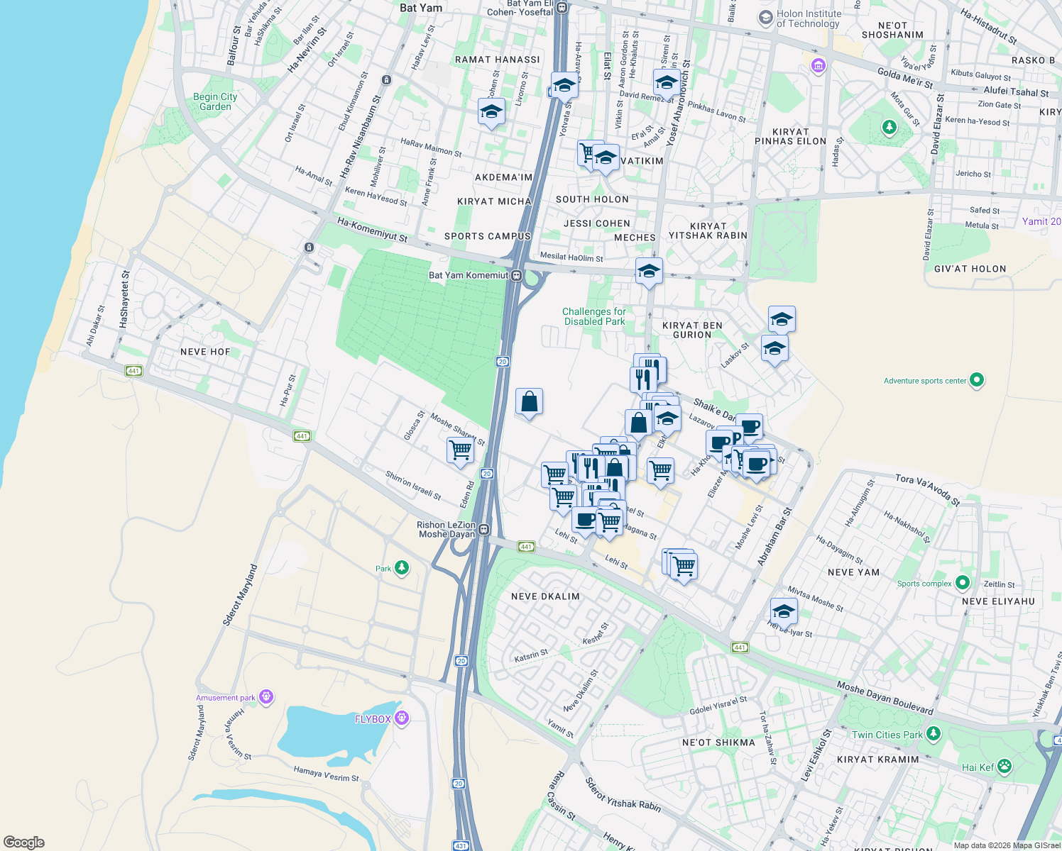 map of restaurants, bars, coffee shops, grocery stores, and more near 4 Noah Mozes Street in Rishon LeZion