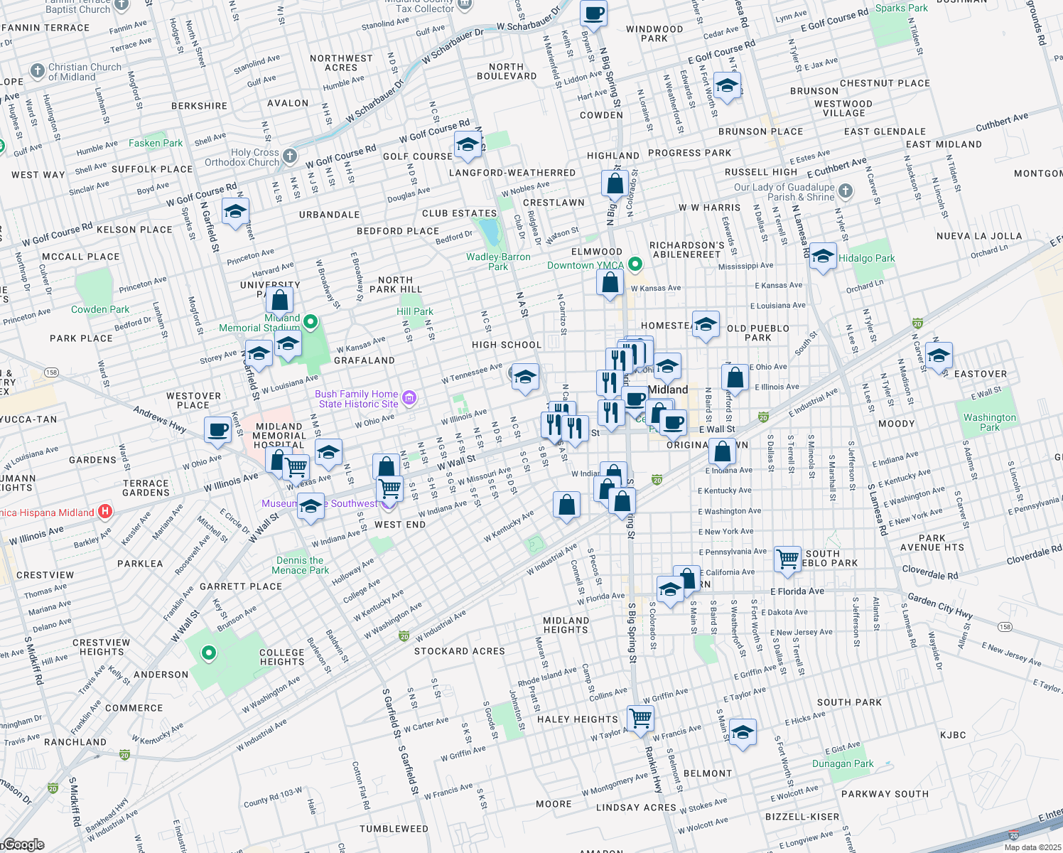 map of restaurants, bars, coffee shops, grocery stores, and more near 901 West Texas Avenue in Midland