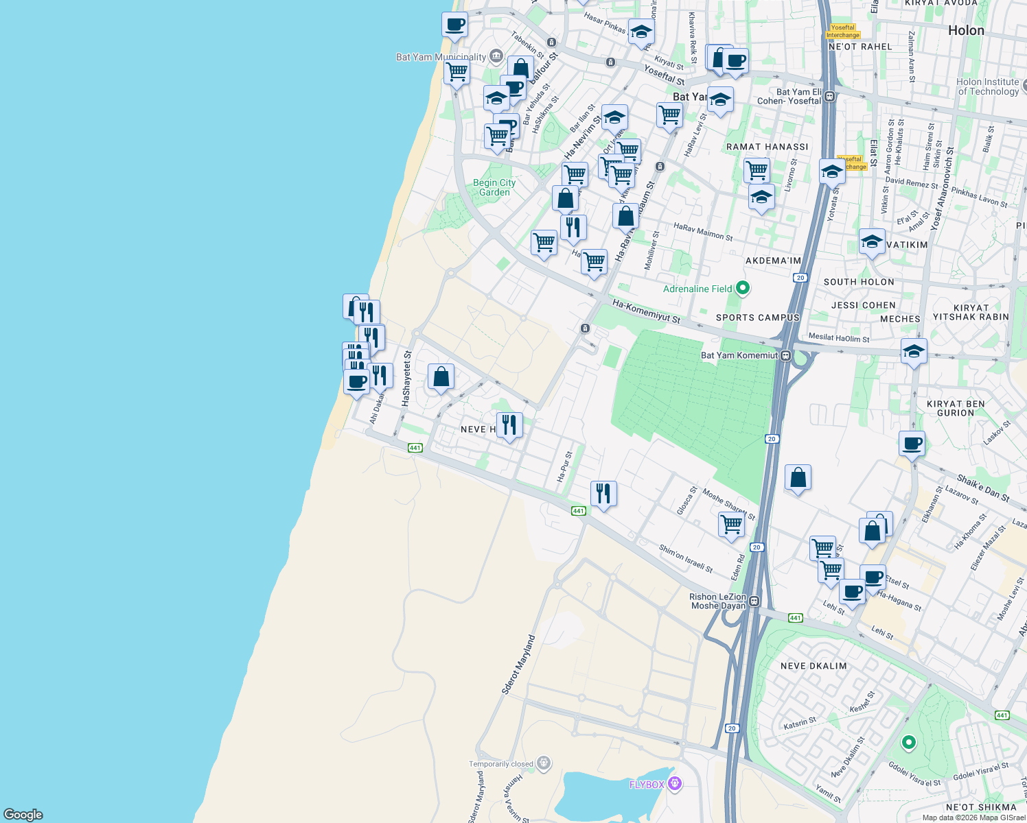 map of restaurants, bars, coffee shops, grocery stores, and more near 3 Kheil ha-Avir Street in Rishon LeTsiyon
