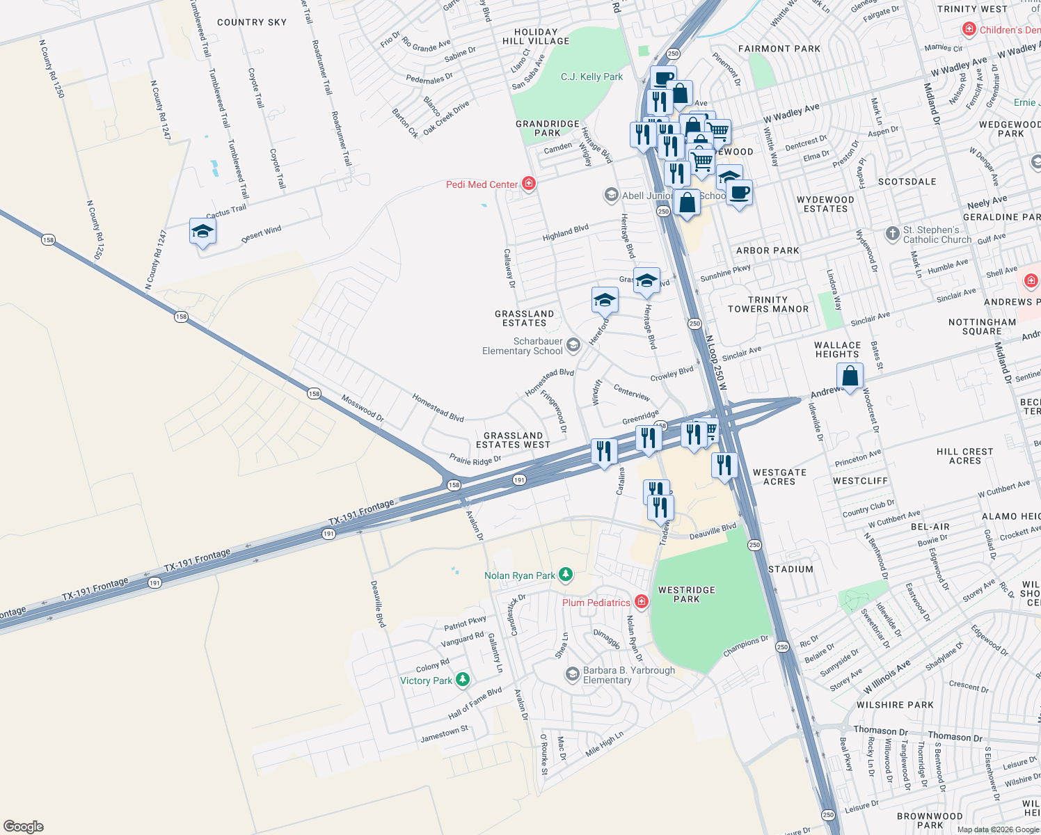 map of restaurants, bars, coffee shops, grocery stores, and more near 2008 Jadewood Dr in Midland