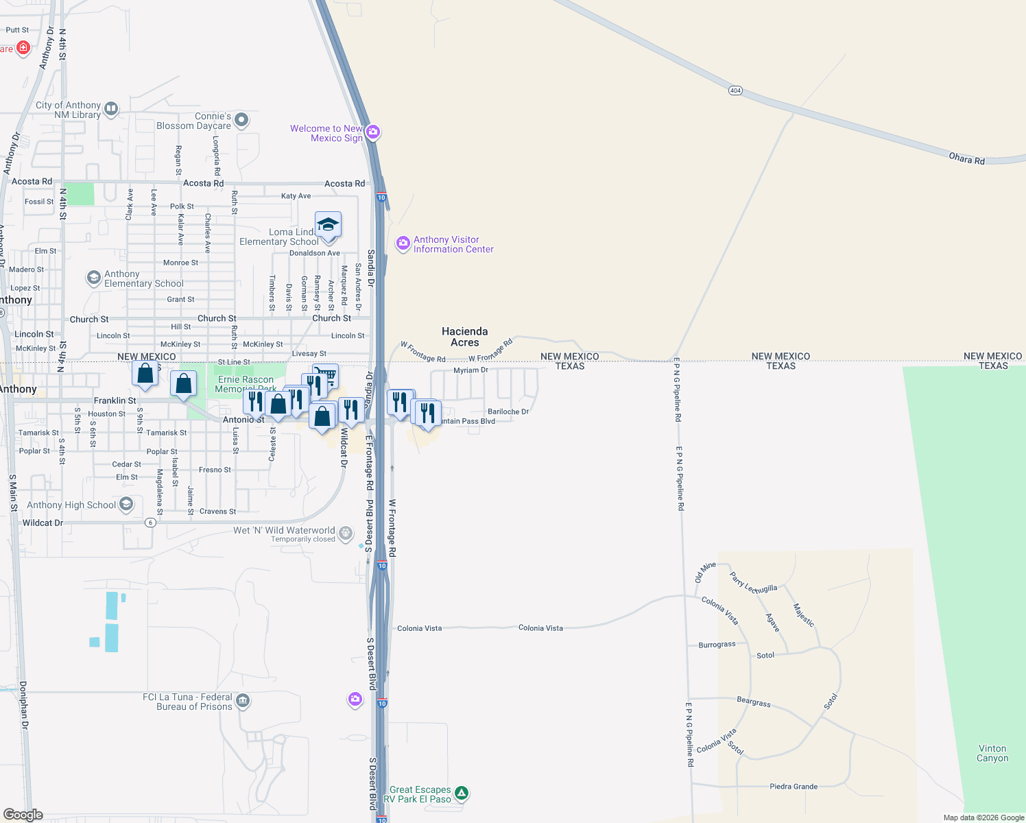 map of restaurants, bars, coffee shops, grocery stores, and more near 3086 Bariloche Drive in Anthony