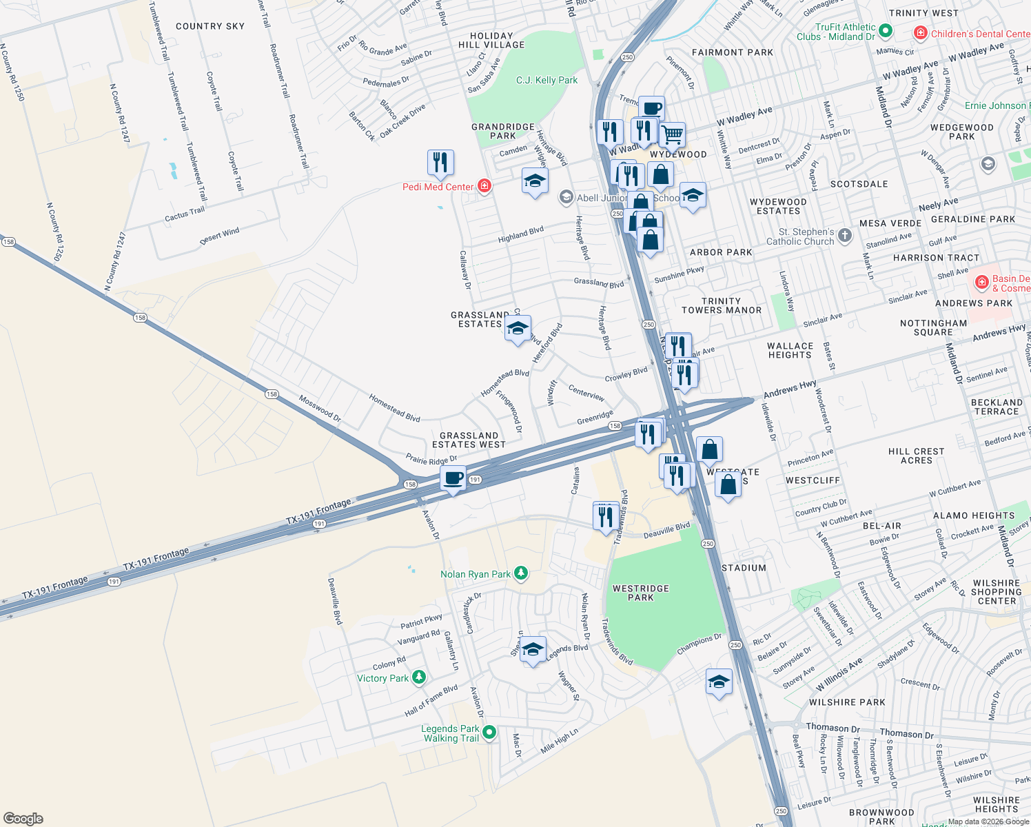 map of restaurants, bars, coffee shops, grocery stores, and more near Glen Mist Dr in Midland