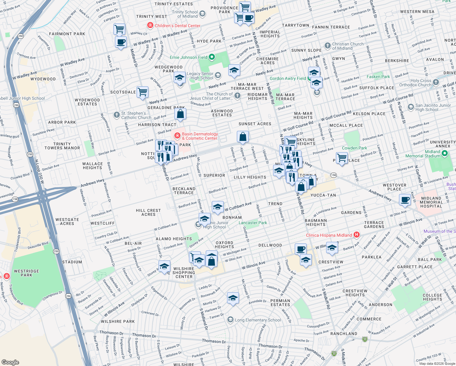 map of restaurants, bars, coffee shops, grocery stores, and more near 1307 Godfrey Street in Midland