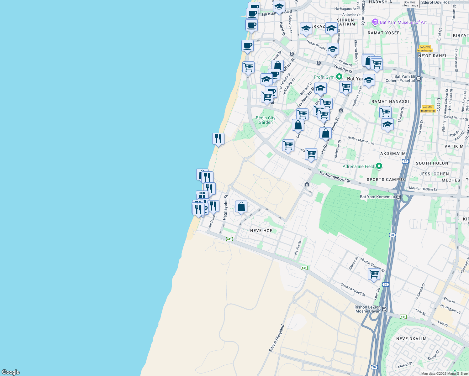 map of restaurants, bars, coffee shops, grocery stores, and more near in Bat Yam
