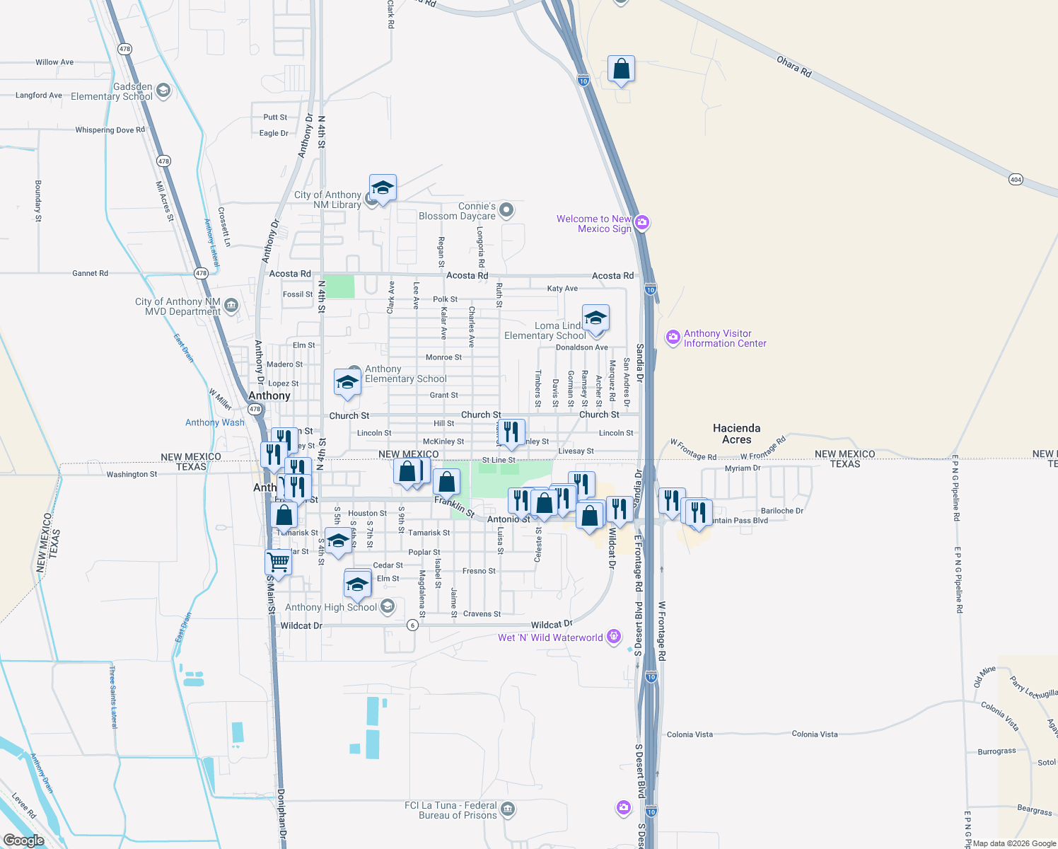 map of restaurants, bars, coffee shops, grocery stores, and more near 342 Katherine Street in Anthony