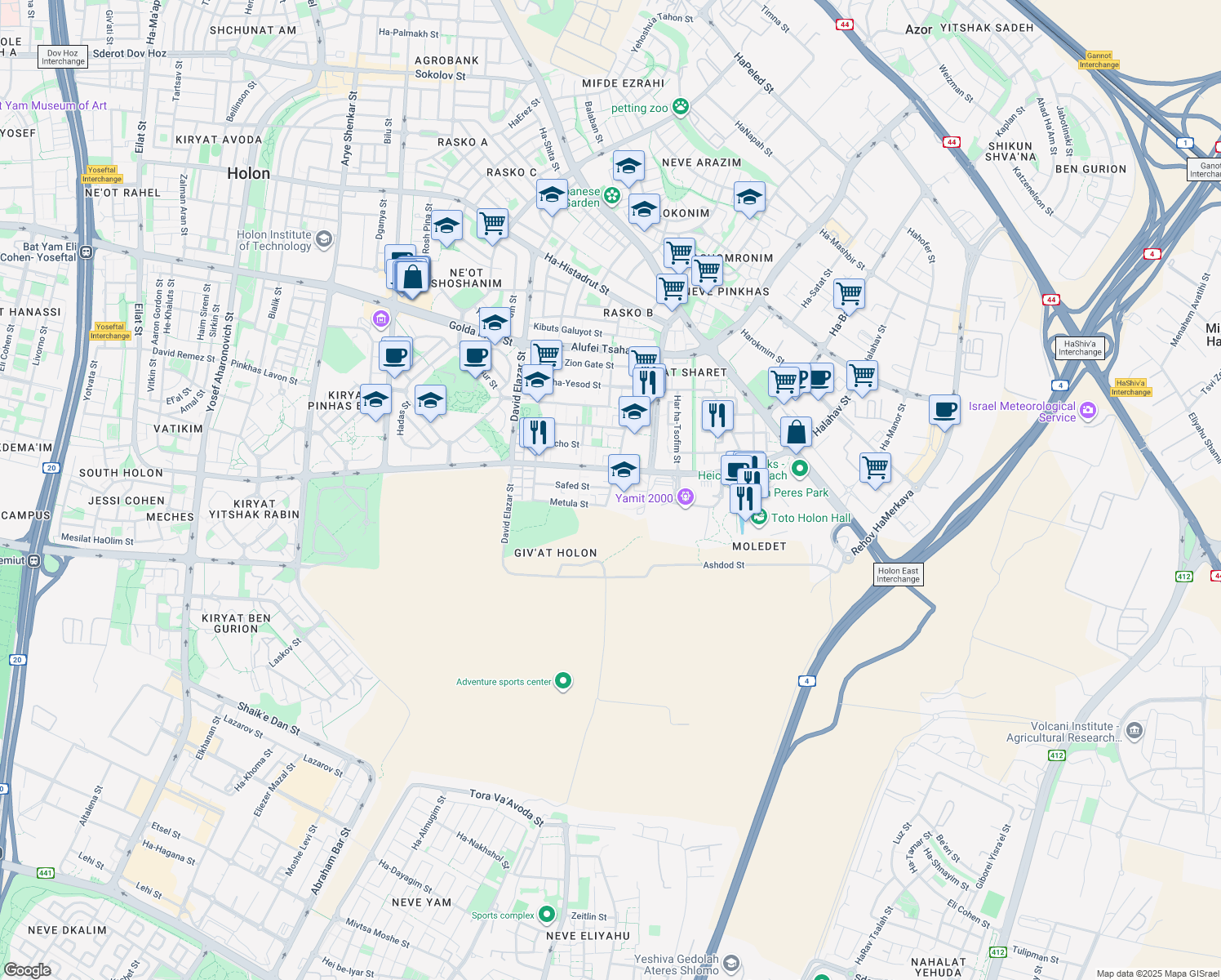 map of restaurants, bars, coffee shops, grocery stores, and more near 35 Giv'at HaTahmoshet Street in Holon