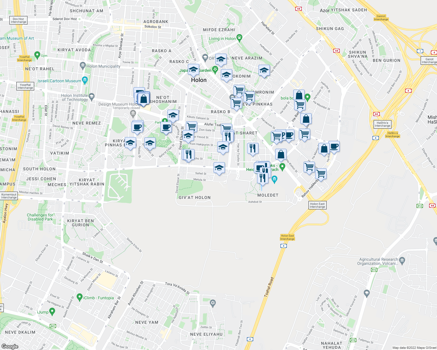 map of restaurants, bars, coffee shops, grocery stores, and more near 35 Giv'at HaTahmoshet Street in Holon