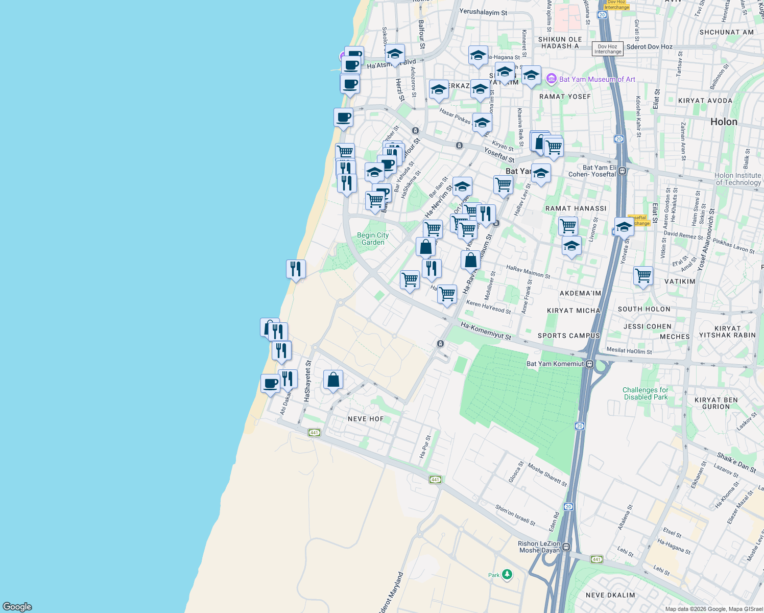 map of restaurants, bars, coffee shops, grocery stores, and more near 2 Shim'on Ha'bursekai Street in Bat Yam