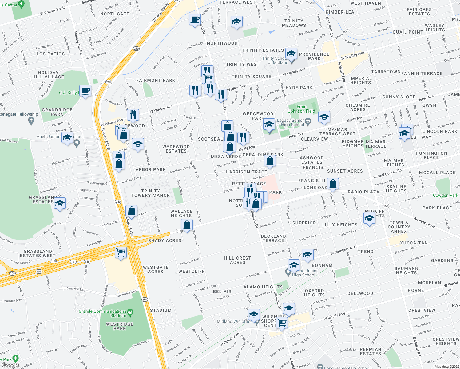 map of restaurants, bars, coffee shops, grocery stores, and more near 4534 Sinclair Avenue in Midland