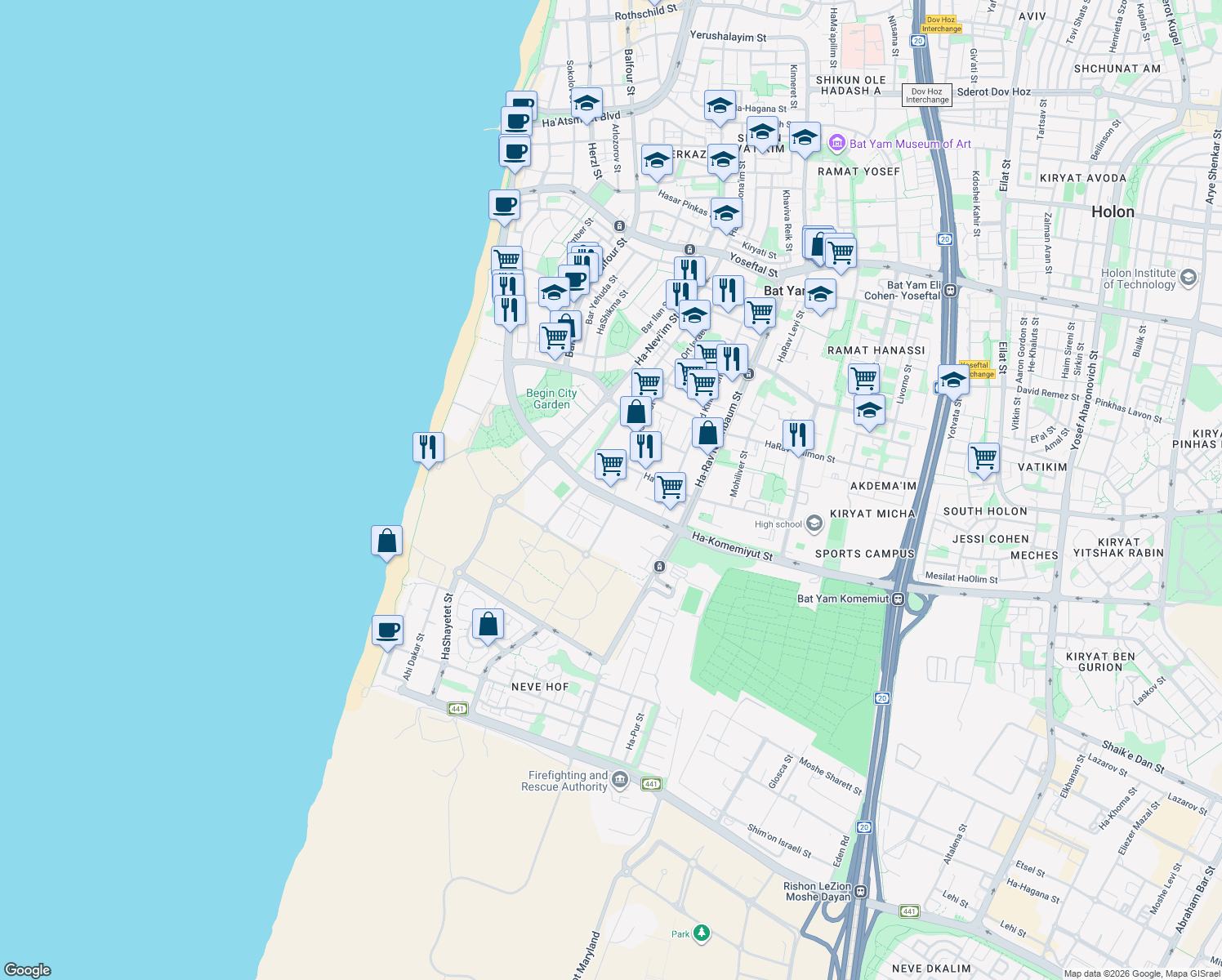 map of restaurants, bars, coffee shops, grocery stores, and more near in Bat Yam