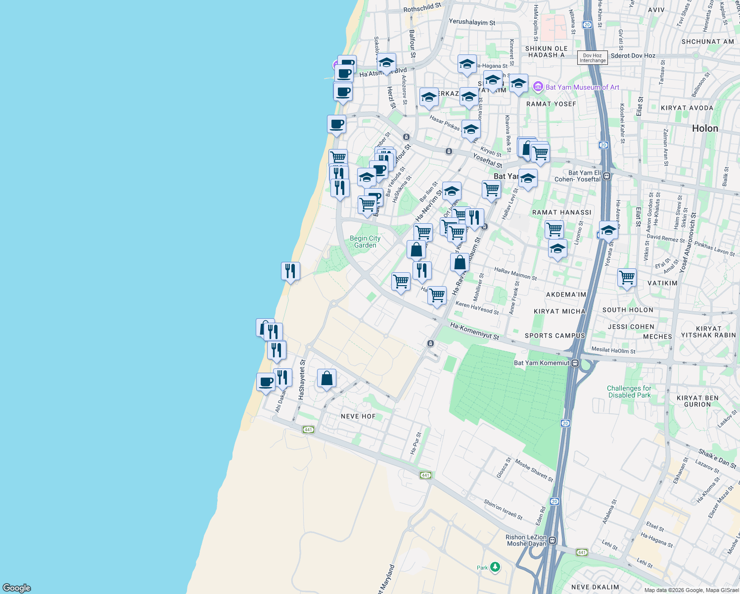 map of restaurants, bars, coffee shops, grocery stores, and more near 2 Shim'on Ha'bursekai Street in Bat Yam