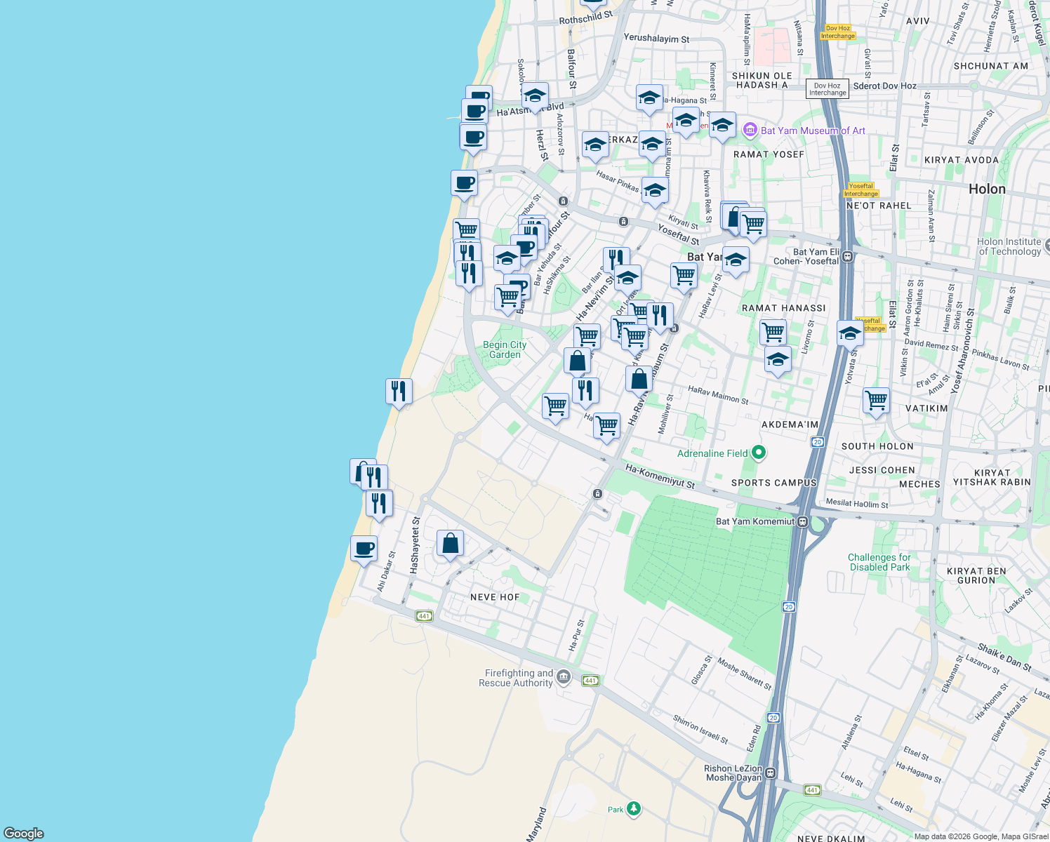 map of restaurants, bars, coffee shops, grocery stores, and more near 16 Ha-Komemiyut Street in Bat Yam
