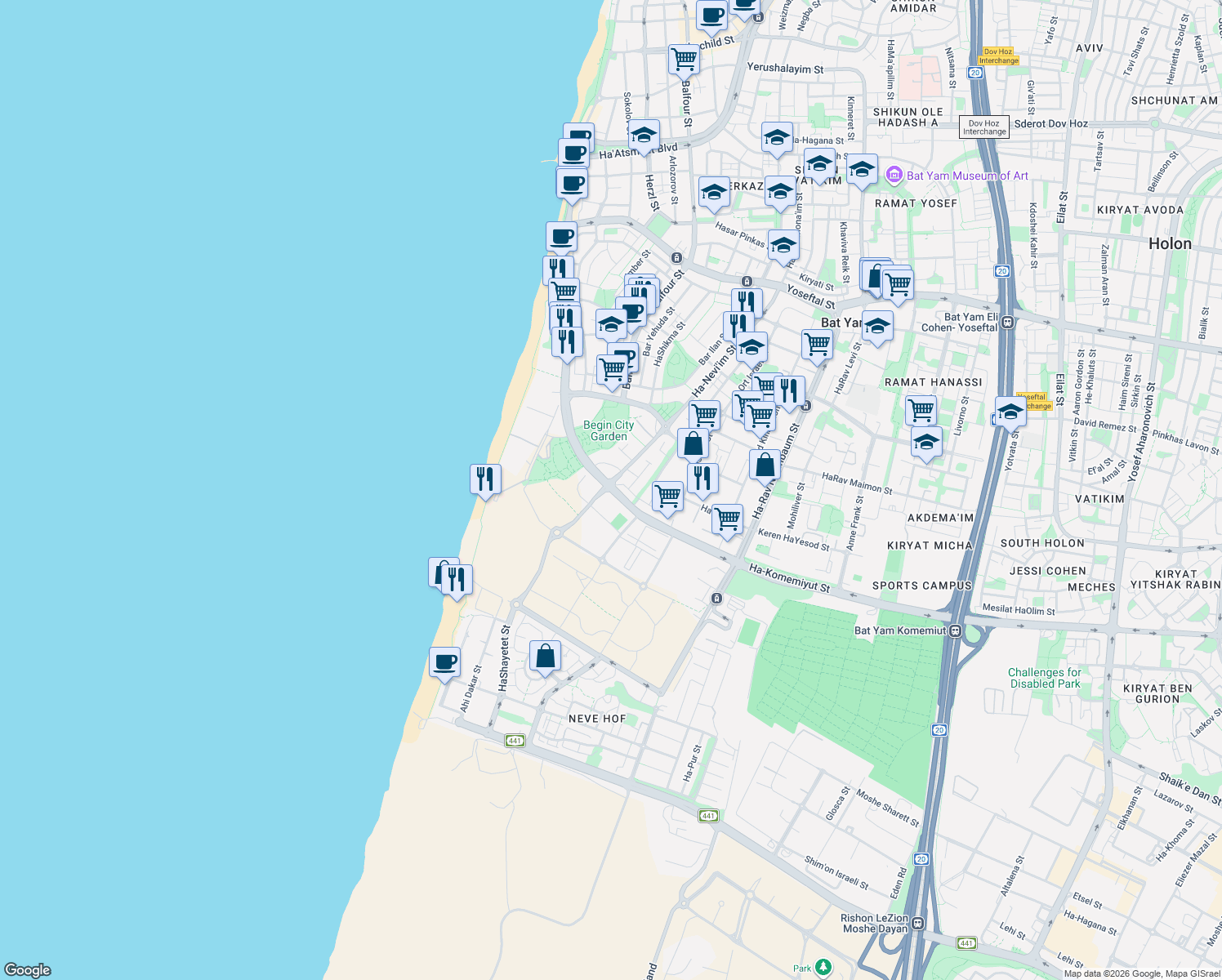 map of restaurants, bars, coffee shops, grocery stores, and more near 16 Ha-Komemiyut Street in Bat Yam