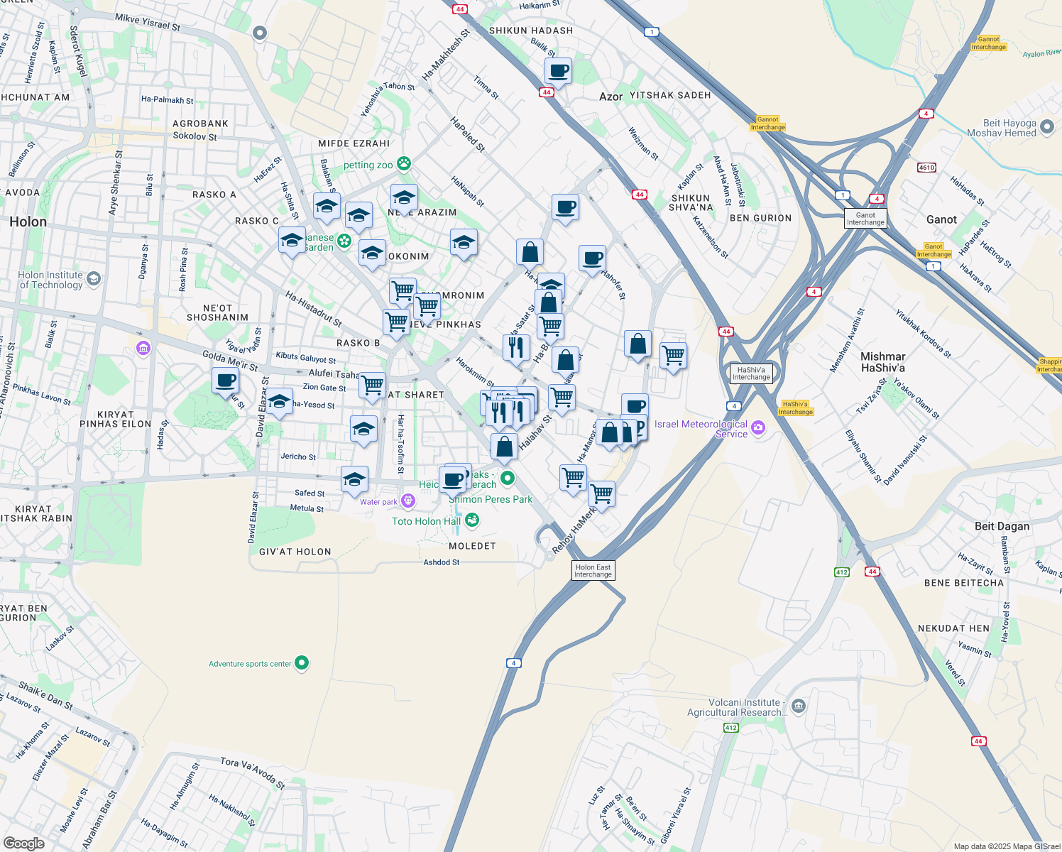 map of restaurants, bars, coffee shops, grocery stores, and more near 26 Harokmim Street in Holon