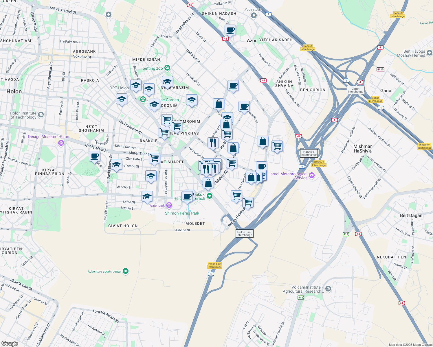 map of restaurants, bars, coffee shops, grocery stores, and more near 26 Harokmim Street in Holon