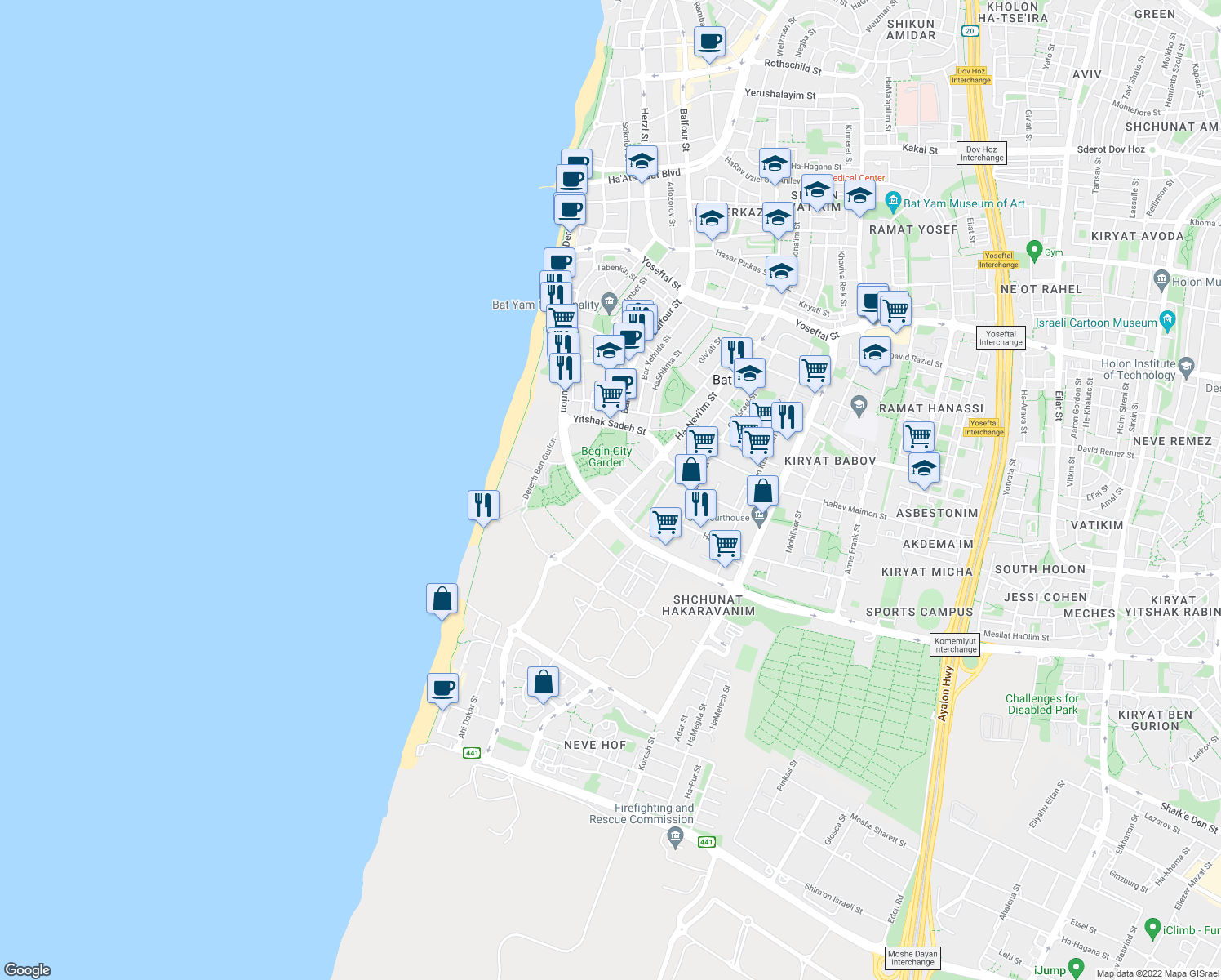 map of restaurants, bars, coffee shops, grocery stores, and more near 60 Ha-Nevi'im Street in Bat Yam