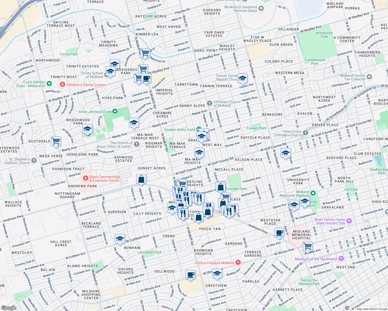 map of restaurants, bars, coffee shops, grocery stores, and more near 14 Bristol Ct in Midland